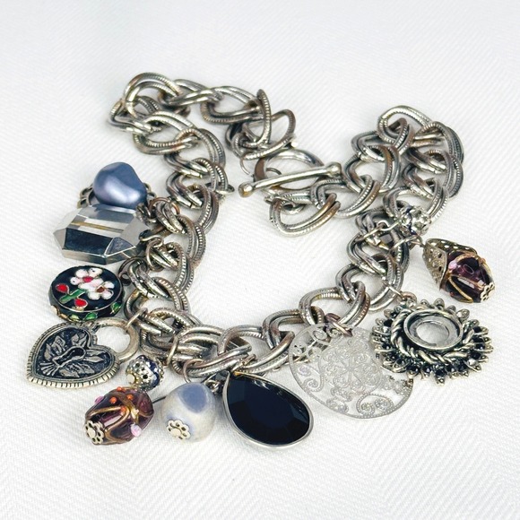 Unique Vintage Jewelry - Vintage 90s Silver Charm Necklace Heart Locket Enamel Eclectic Chain Toggle